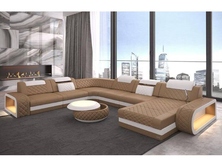 Sofa Dreams Wohnlandschaft Ledercouch Sofa Leder Berlin XXL U Form Ledersofa, Couch, mit LED, Designersofa, beige gelb von sofa-dreams
