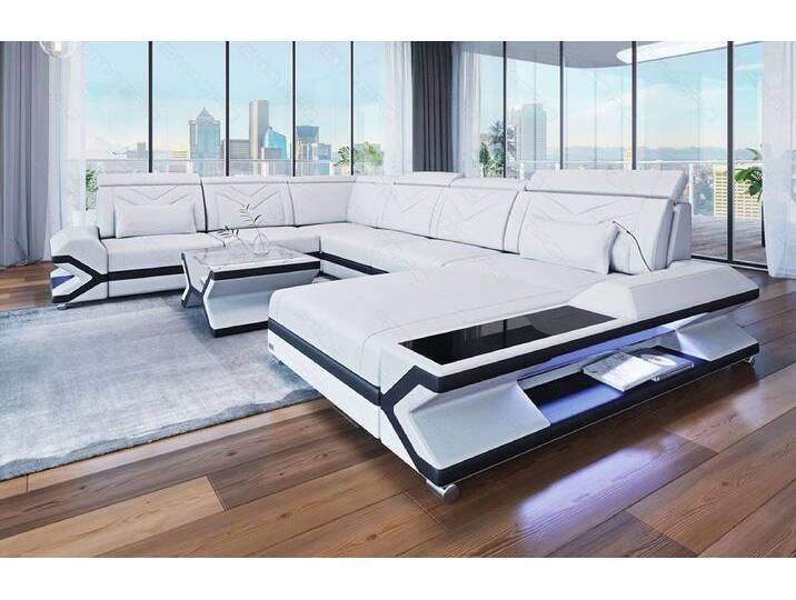 Sofa Dreams Wohnlandschaft Ledercouch Sofa Leder Napoli XXL U Form Ledersofa, Couch, mit LED, Designersofa, schwarz weiß von sofa-dreams