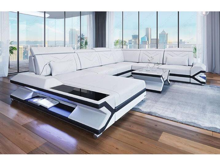 Sofa Dreams Wohnlandschaft Ledercouch Sofa Leder Napoli XXL U Form Ledersofa, Couch, mit LED, Designersofa, schwarz weiß von sofa-dreams