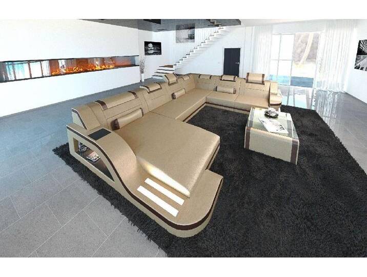 Sofa Dreams Wohnlandschaft Ledercouch Sofa Leder Palermo XXL U Form Ledersofa, Couch, mit LED, Designersofa, beige braun goldfarben von sofa-dreams