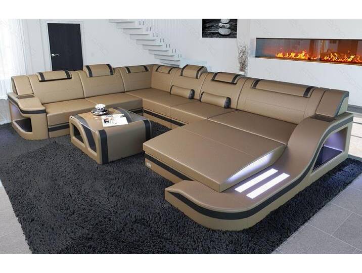 Sofa Dreams Wohnlandschaft Ledercouch Sofa Leder Palermo XXL U Form Ledersofa, Couch, mit LED, Designersofa, beige goldfarben schwarz von sofa-dreams