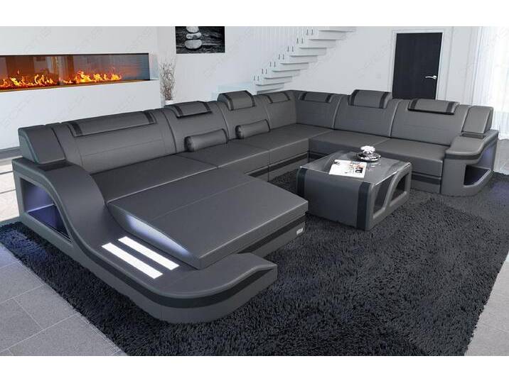 Sofa Dreams Wohnlandschaft Ledercouch Sofa Leder Palermo XXL U Form Ledersofa, Couch, mit LED, Designersofa, grau schwarz von sofa-dreams