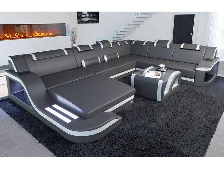 Sofa Dreams Wohnlandschaft Ledercouch Sofa Leder Palermo XXL U Form Ledersofa, Couch, mit LED, Designersofa, grau von sofa-dreams