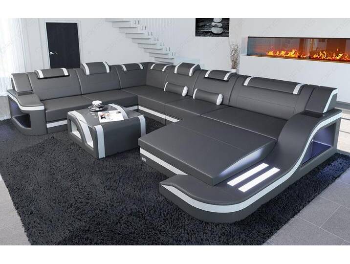 Sofa Dreams Wohnlandschaft Ledercouch Sofa Leder Palermo XXL U Form Ledersofa, Couch, mit LED, Designersofa, grau von sofa-dreams