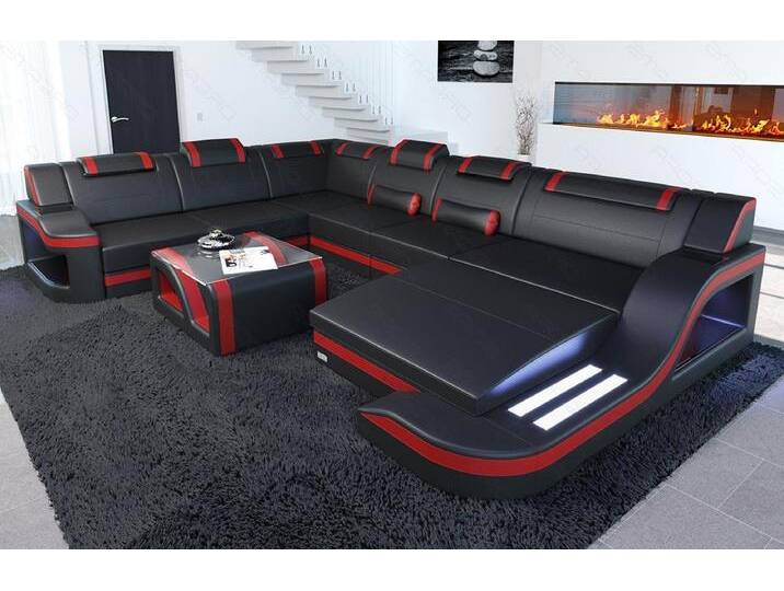 Sofa Dreams Wohnlandschaft Ledercouch Sofa Leder Palermo XXL U Form Ledersofa, Couch, mit LED, Designersofa, rot schwarz von sofa-dreams