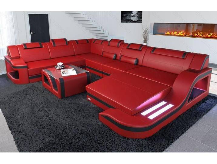 Sofa Dreams Wohnlandschaft Ledercouch Sofa Leder Palermo XXL U Form Ledersofa, Couch, mit LED, Designersofa, rot schwarz von sofa-dreams