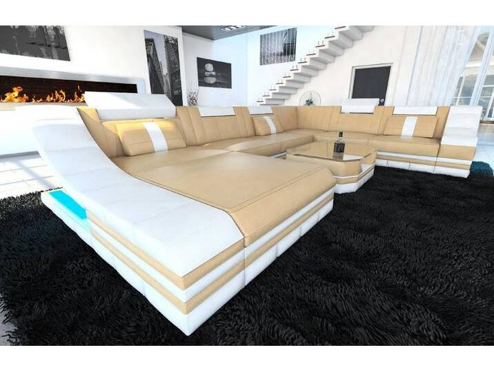 Sofa Dreams Wohnlandschaft Ledercouch Sofa Leder Turino XXL U Form Ledersofa, Couch, mit LED, Designersofa, beige goldfarben von sofa-dreams