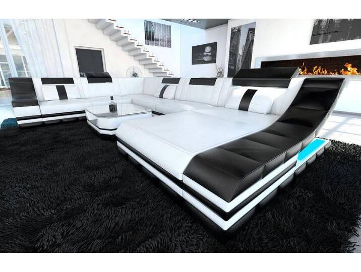 Sofa Dreams Wohnlandschaft Ledercouch Sofa Leder Turino XXL U Form Ledersofa, Couch, mit LED, Designersofa, schwarz weiß von sofa-dreams