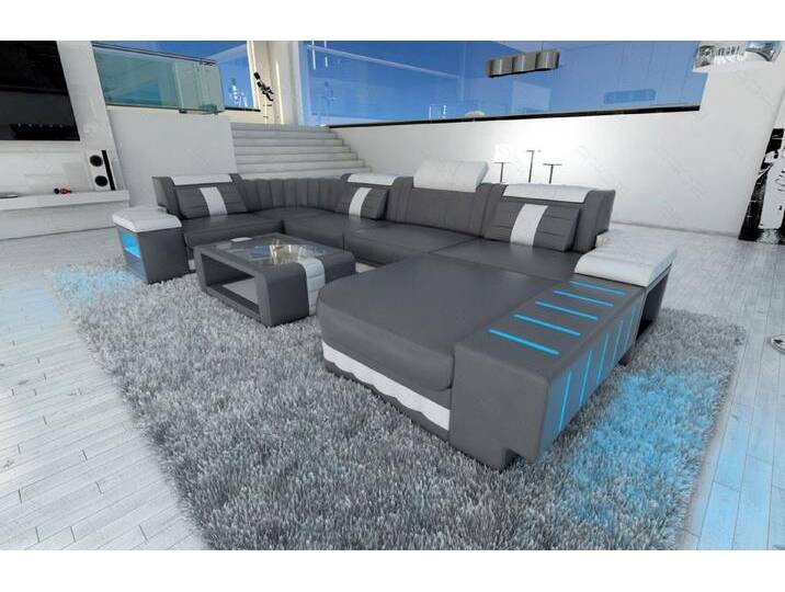 Sofa Dreams Wohnlandschaft Ledersofa Bellagio U Form Mini, Designersofa, Sofa mit LED Licht und USB, grau, Grau-Weiss von sofa-dreams