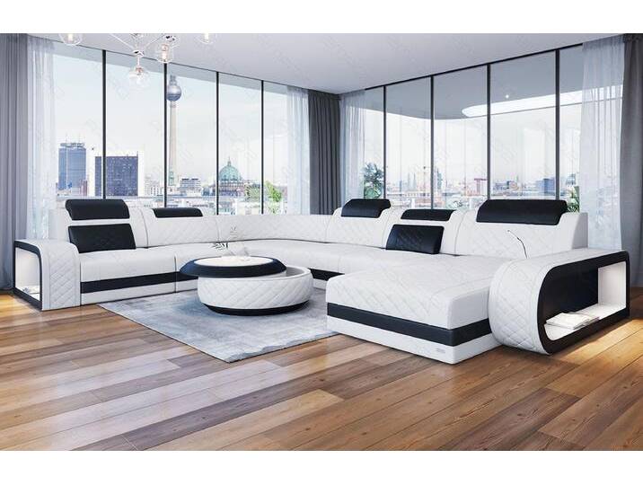 Sofa Dreams Wohnlandschaft Ledersofa Berlin XXL U Form Mini Designersofa, 6-Sitzer, Ottomane, freie Farbwahl, LED, USB, schwarz weiß, Weiss-Schwarz Sofa Dreams Wohnlandschaft Ledersofa Berlin XXL U Form Mini Designersofa, 6-Sitzer, Ottomane, freie Farbwahl, LED, USB, schwarz weiß, Weiss-Schwarz von sofa-dreams