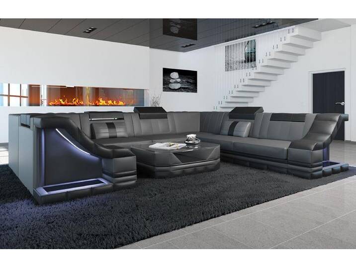 Sofa Dreams Wohnlandschaft Ledersofa Bianchi U Form Mini, Designersofa, Sofa mit Beleuchtung, grau schwarz, Grau-Schwarz von sofa-dreams
