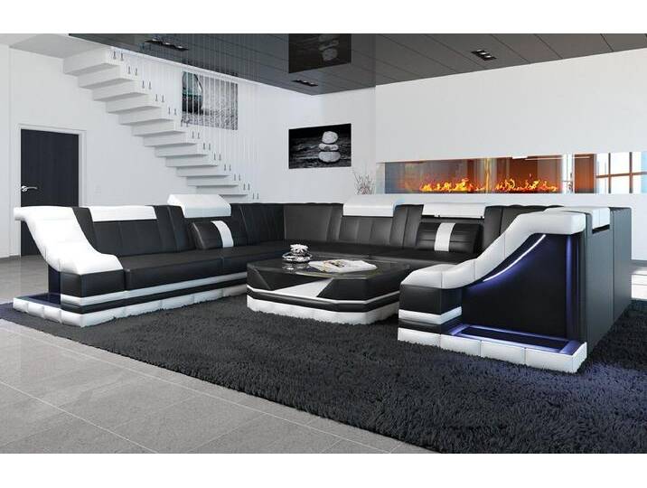 Sofa Dreams Wohnlandschaft Ledersofa Bianchi U Form Mini, Designersofa, Sofa mit Beleuchtung, schwarz, Schwarz-Weiss von sofa-dreams
