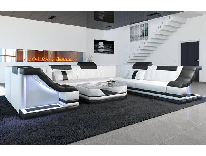 Sofa Dreams Wohnlandschaft Ledersofa Bianchi U Form Mini, Designersofa, Sofa mit Beleuchtung, schwarz weiß, Weiss-Schwarz von sofa-dreams