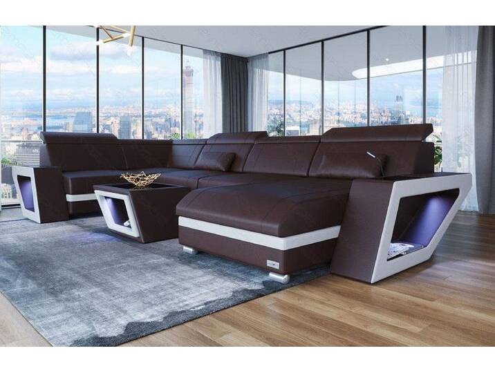Sofa Dreams Wohnlandschaft Ledersofa Catania U Form Couch Leder Sofa, mit LED, Designersofa, braun, Ohne Bettfunktion-RGB-LED-Beleuchtung, braun-weiss von sofa-dreams