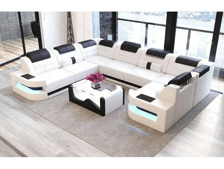 Sofa Dreams Wohnlandschaft Ledersofa Como U Form Mini, Designersofa, Sofa mit Beleuchtung, schwarz weiß, Weiss-Schwarz von sofa-dreams