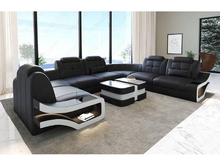 Sofa Dreams Wohnlandschaft Ledersofa Elena U Form Mini, Designersofa, Sofa mit Licht und USB, schwarz, Schwarz-Weiss von sofa-dreams