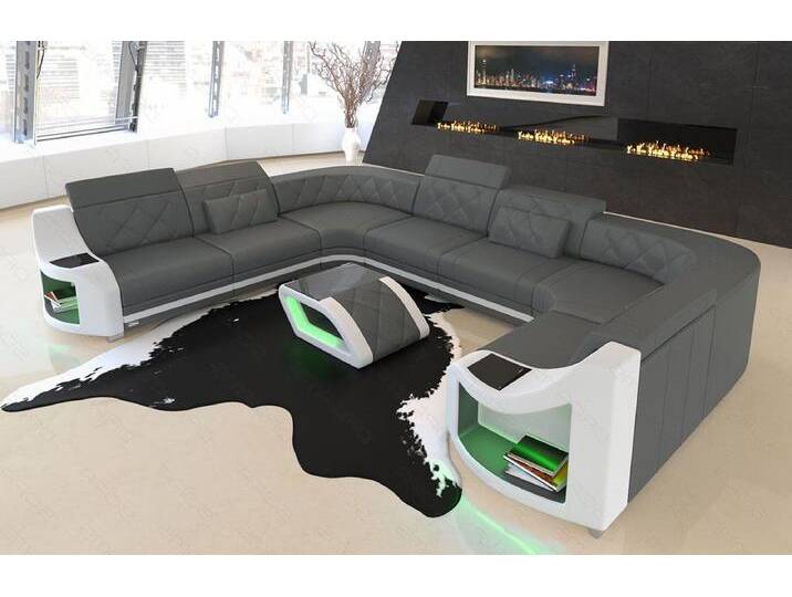 Sofa Dreams Wohnlandschaft Ledersofa Genua Mini U Form, Designersofa, Sofa mit Licht und USB, grau, Grau-Weiss von sofa-dreams