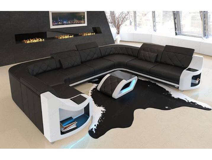 Sofa Dreams Wohnlandschaft Ledersofa Genua Mini U Form, Designersofa, Sofa mit Licht und USB, schwarz, Schwarz-Weiss von sofa-dreams
