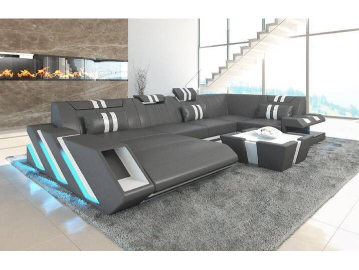 Sofa Dreams Wohnlandschaft Ledersofa Ledercouch Apollonia U Form Leder Sofa, Couch, mit LED, Designersofa, grau, Mit Bettfunktion-RGB-LED-Beleuchtung von sofa-dreams