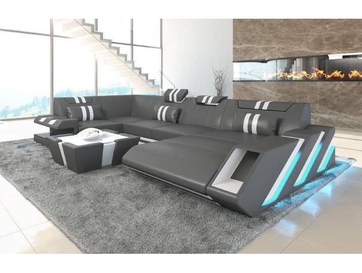 Sofa Dreams Wohnlandschaft Ledersofa Ledercouch Apollonia U Form Leder Sofa, Couch, mit LED, Designersofa, grau, Mit Bettfunktion-RGB-LED-Beleuchtung von sofa-dreams