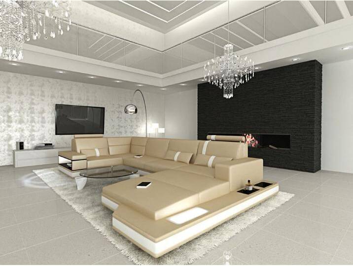 Sofa Dreams Wohnlandschaft Ledersofa Ledercouch Messana U Form Leder Sofa, Couch, mit LED, Designersofa, beige goldfarben von sofa-dreams