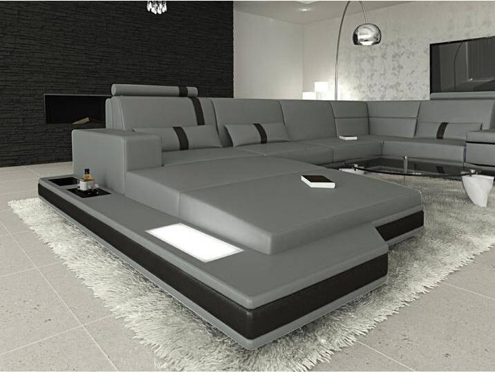 Sofa Dreams Wohnlandschaft Ledersofa Ledercouch Messana U Form Leder Sofa, Couch, mit LED, Designersofa, grau schwarz von sofa-dreams