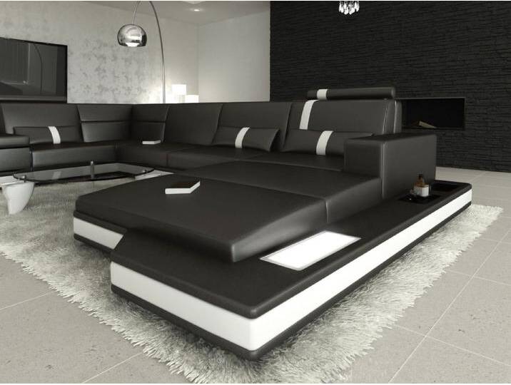 Sofa Dreams Wohnlandschaft Ledersofa Ledercouch Messana U Form Leder Sofa, Couch, mit LED, Designersofa, schwarz, Mit Bettfunktion-RGB-LED-Beleuchtung von sofa-dreams