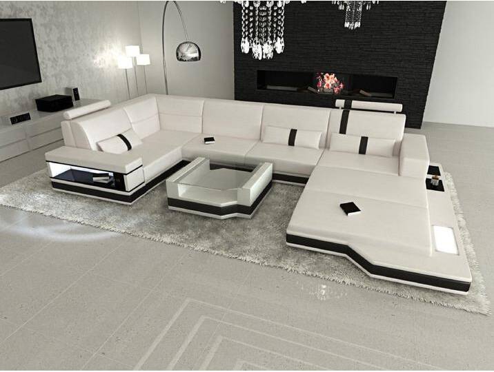 Sofa Dreams Wohnlandschaft Ledersofa Ledercouch Messana U Form Leder Sofa, Couch, mit LED, Designersofa, schwarz weiß von sofa-dreams