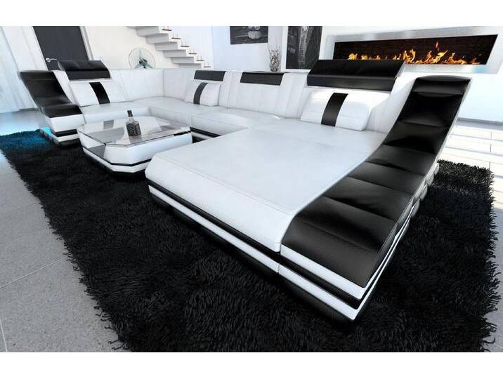 Sofa Dreams Wohnlandschaft Ledersofa Ledercouch Turino U Form Leder Sofa, Couch, Ottomane, USB, LED-Beleuchtung, Optionaler Schlaffunktion, schwarz weiß von sofa-dreams