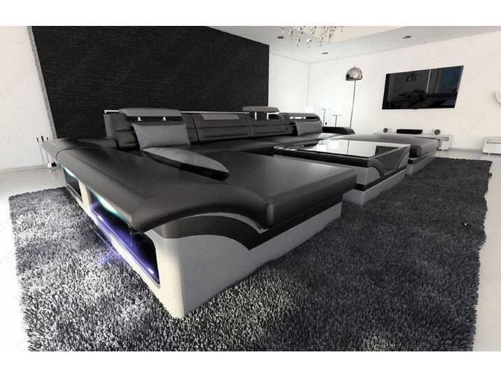 Sofa Dreams Wohnlandschaft Ledersofa Monza U Form Mini, Designersofa, Sofa mit LED Licht und USB, grau schwarz, Schwarz-Grau von sofa-dreams