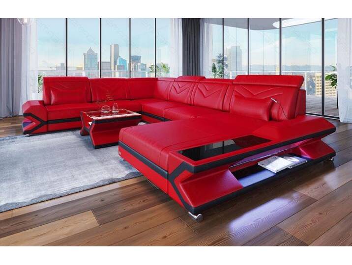 Sofa Dreams Wohnlandschaft Ledersofa Napoli XXL Mini, 6-Sitzer, Ottomane, LED-Beleuchtung, Leder, Kopfstützen, Bettfunktion, rot schwarz, Rot-Schwarz von sofa-dreams