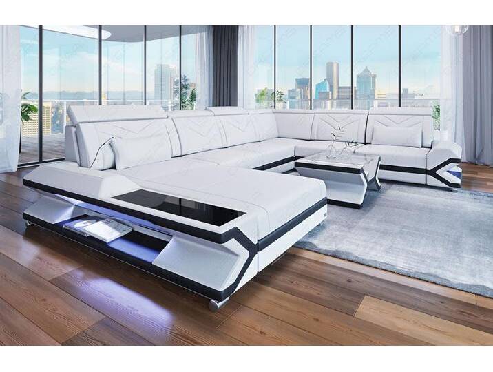 Sofa Dreams Wohnlandschaft Ledersofa Napoli XXL Mini, 6-Sitzer, Ottomane, LED-Beleuchtung, Leder, Kopfstützen, Bettfunktion, schwarz weiß von sofa-dreams