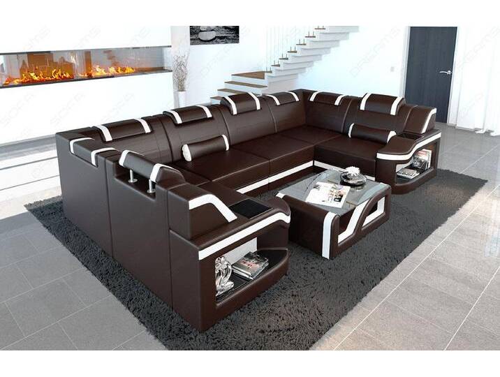 Sofa Dreams Wohnlandschaft Ledersofa Padua U Form Mini, Designersofa, Sofa mit Beleuchtung und USB, braun, Dunkelbraun-Weiss von sofa-dreams