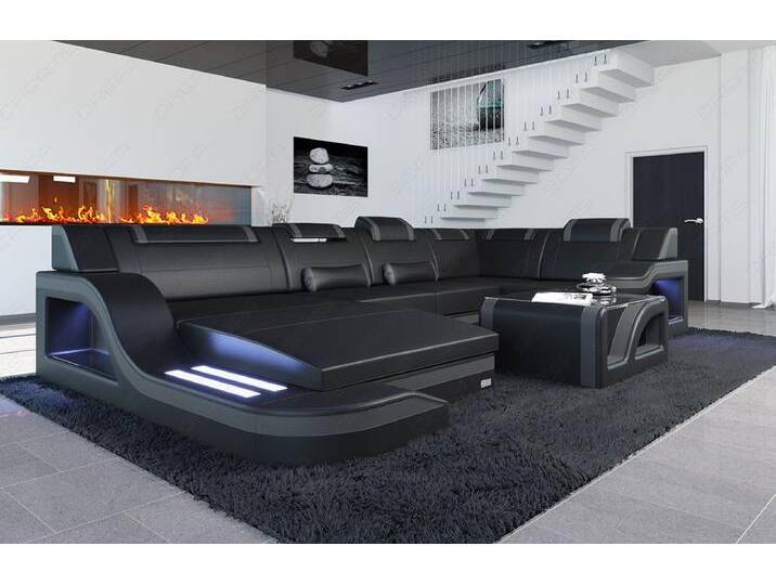 Sofa Dreams Wohnlandschaft Ledersofa Palermo U Form Mini, Designersofa Couch, mit LED Licht und USB Anschluss, grau schwarz, Schwarz-Grau Sofa Dreams Wohnlandschaft Ledersofa Palermo U Form Mini, Designersofa Couch, mit LED Licht und USB Anschluss, grau schwarz, Schwarz-Grau von sofa-dreams
