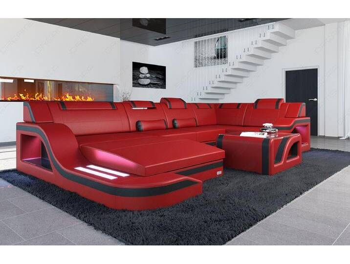 Sofa Dreams Wohnlandschaft Ledersofa Palermo U Form Mini, Designersofa Couch, mit LED Licht und USB Anschluss, rot schwarz, Rot-Schwarz von sofa-dreams