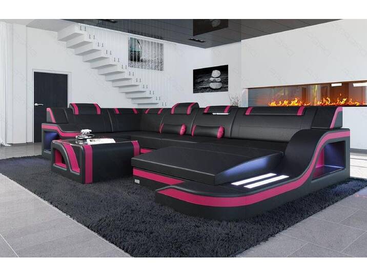 Sofa Dreams Wohnlandschaft Ledersofa Palermo U Form Mini, Designersofa Couch, mit LED Licht und USB Anschluss, schwarz, Schwarz-Pink von sofa-dreams