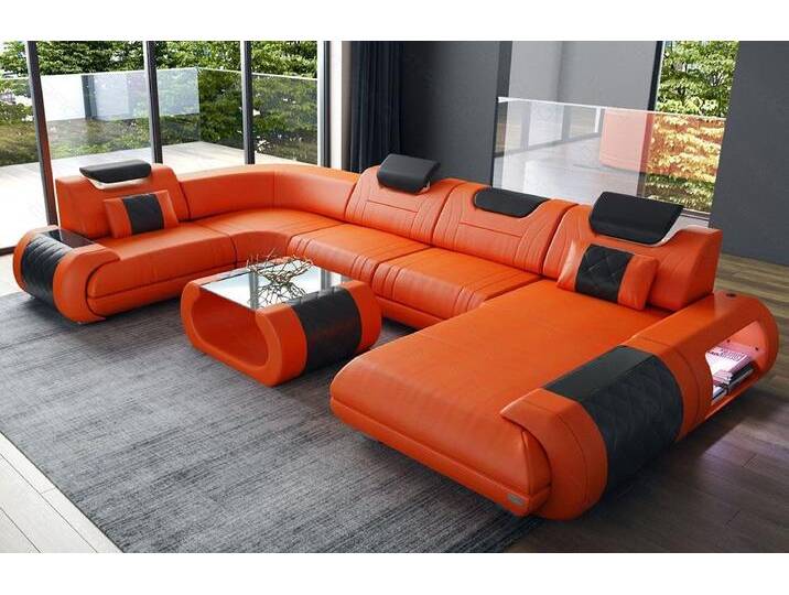 Sofa Dreams Wohnlandschaft Ledersofa Rimini U Form Ledercouch Leder Sofa, Couch, mit LED, Designersofa, orange schwarz von sofa-dreams