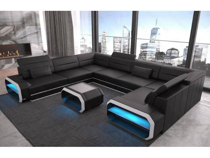 Sofa Dreams Wohnlandschaft Ledersofa Verona U Form Mini, Designersofa, Sofa mit Licht und USB, schwarz, Schwarz-Weiss von sofa-dreams