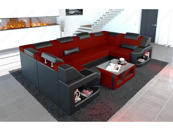 Sofa Dreams Wohnlandschaft Polster Design Stoffsofa Padua U Form M Mikrofaser Stoff Sofa, rot schwarz, Mit Bettfunktion, dunkelrot-schwarz von sofa-dreams