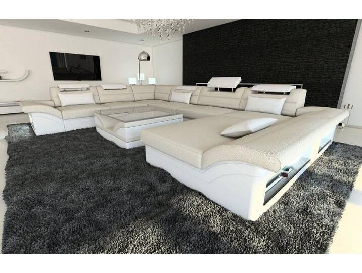 Sofa Dreams Wohnlandschaft Polster Stoffsofa Couch Enzo XXL U Form Stoff Sofa, mit LED, Designersofa, weiß, Mit Bettfunktion-RGB-LED-Beleuchtung von sofa-dreams