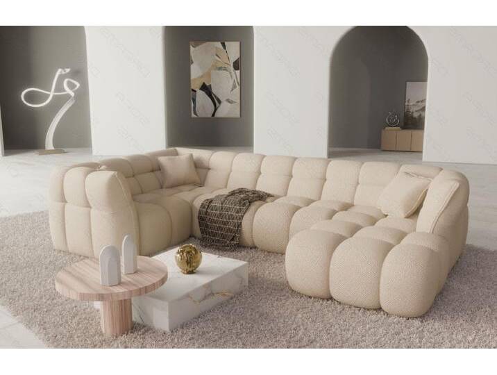 Sofa Dreams Wohnlandschaft Santander U Form 6-Sitzer Sofa, Ottomane Loungesofa versch. Stoffbezüge, Samt-Sand von sofa-dreams