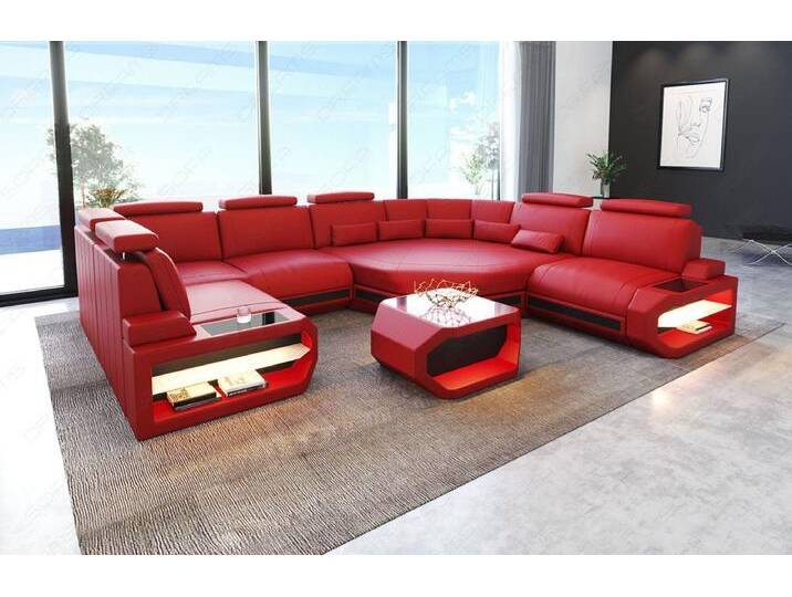Sofa Dreams Wohnlandschaft Sofa Leder Asti U Mini, Couch, kleines U Form Ledersofa mit LED, Designersofa, rot schwarz, Rechts - vor dem Sofa stehend von sofa-dreams