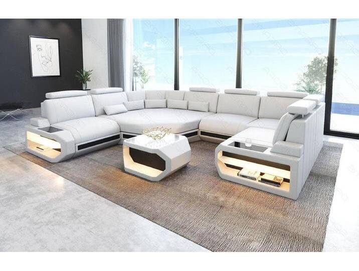 Sofa Dreams Wohnlandschaft Sofa Leder Asti U Mini, Couch, kleines U Form Ledersofa mit LED, Designersofa, schwarz weiß, Links - vor dem Sofa stehend von sofa-dreams