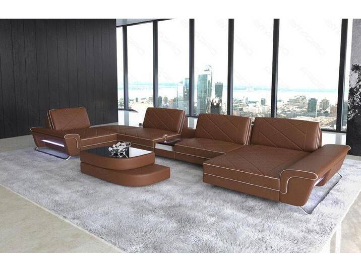 Sofa Dreams Wohnlandschaft Sofa Leder Bari U Form Ledersofa, Couch, mit LED, verstellbare Rückenlehnen, Designersofa, beige goldfarben von sofa-dreams