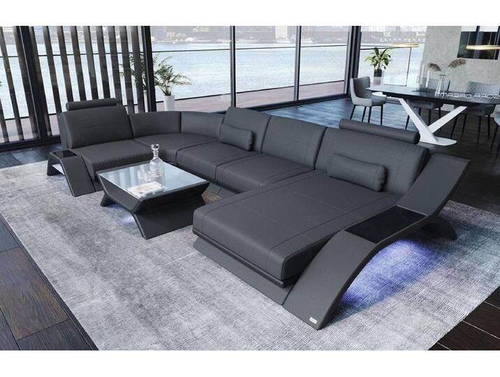 Sofa Dreams Wohnlandschaft Sofa Leder Calabria U Form Ledersofa, Couch, mit LED Beleuchtung, USB Anschluss und Multifunktions-Console, grau schwarz von sofa-dreams