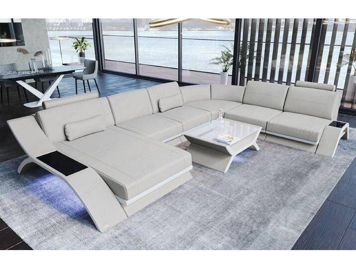 Sofa Dreams Wohnlandschaft Sofa Leder Calabria XXL U Form Ledersofa, Couch, mit LED Beleuchtung, USB Anschluss und Multifunktions-Console, beige gelb von sofa-dreams