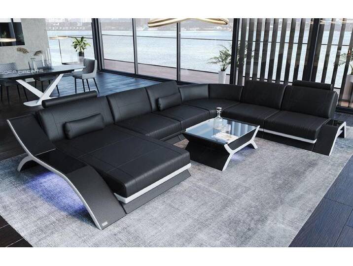 Sofa Dreams Wohnlandschaft Sofa Leder Calabria XXL U Form Ledersofa, Couch, mit LED Beleuchtung, USB Anschluss und Multifunktions-Console, schwarz von sofa-dreams