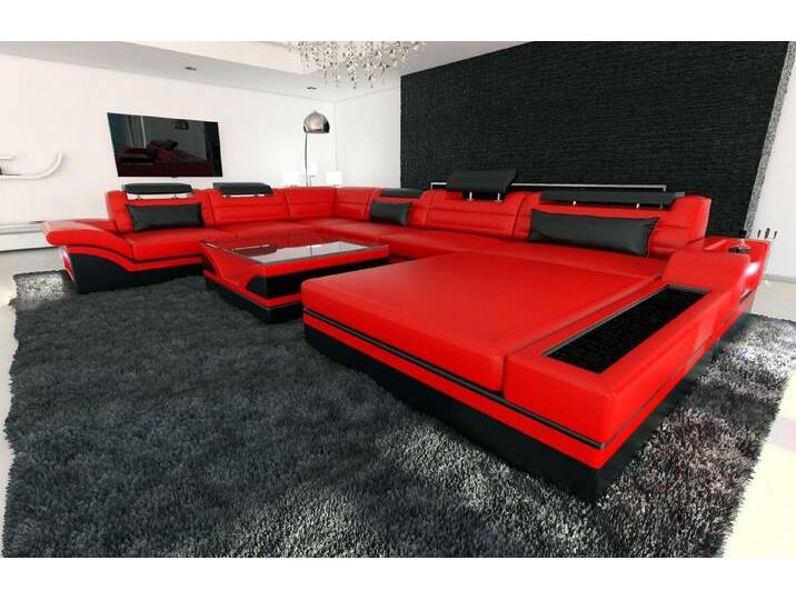 Sofa Dreams Wohnlandschaft Sofa Leder Couch Mezzo XXL U Form Ledersofa, Couch, mit LED, Designersofa, rot schwarz von sofa-dreams