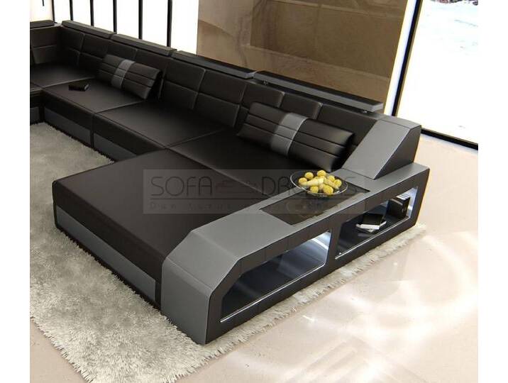 Sofa Dreams Wohnlandschaft Sofa Leder Ledercouch Arezzo U Form Ledersofa, U Form Couch, grau schwarz, Mit Bettfunktion-RGB-LED-Beleuchtung von sofa-dreams