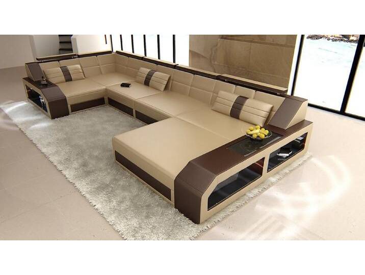 Sofa Dreams Wohnlandschaft Sofa Leder Ledercouch Arezzo U Form Ledersofa, beige braun gelb, Mit Bettfunktion-RGB-LED-Beleuchtung, beige-braun von sofa-dreams
